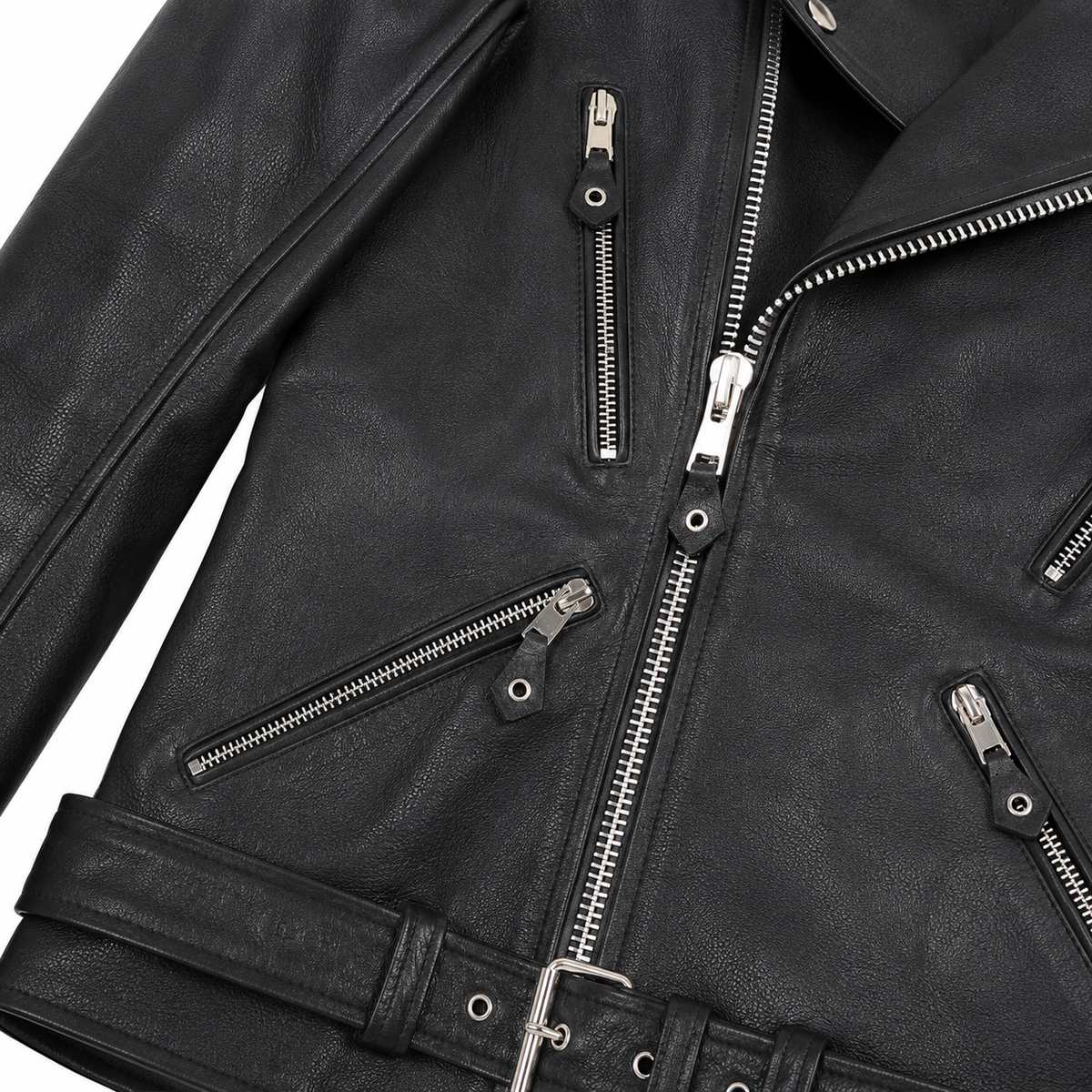 Men’s Spiked Shoulder Black Leather Biker Jacket-4