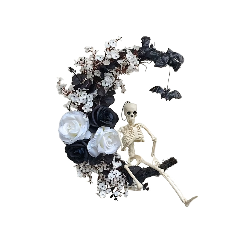 Halloween Moon Black Wreath Skull Bones Bats Roses-0
