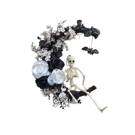 Halloween Moon Black Wreath Skull Bones Bats Roses-0