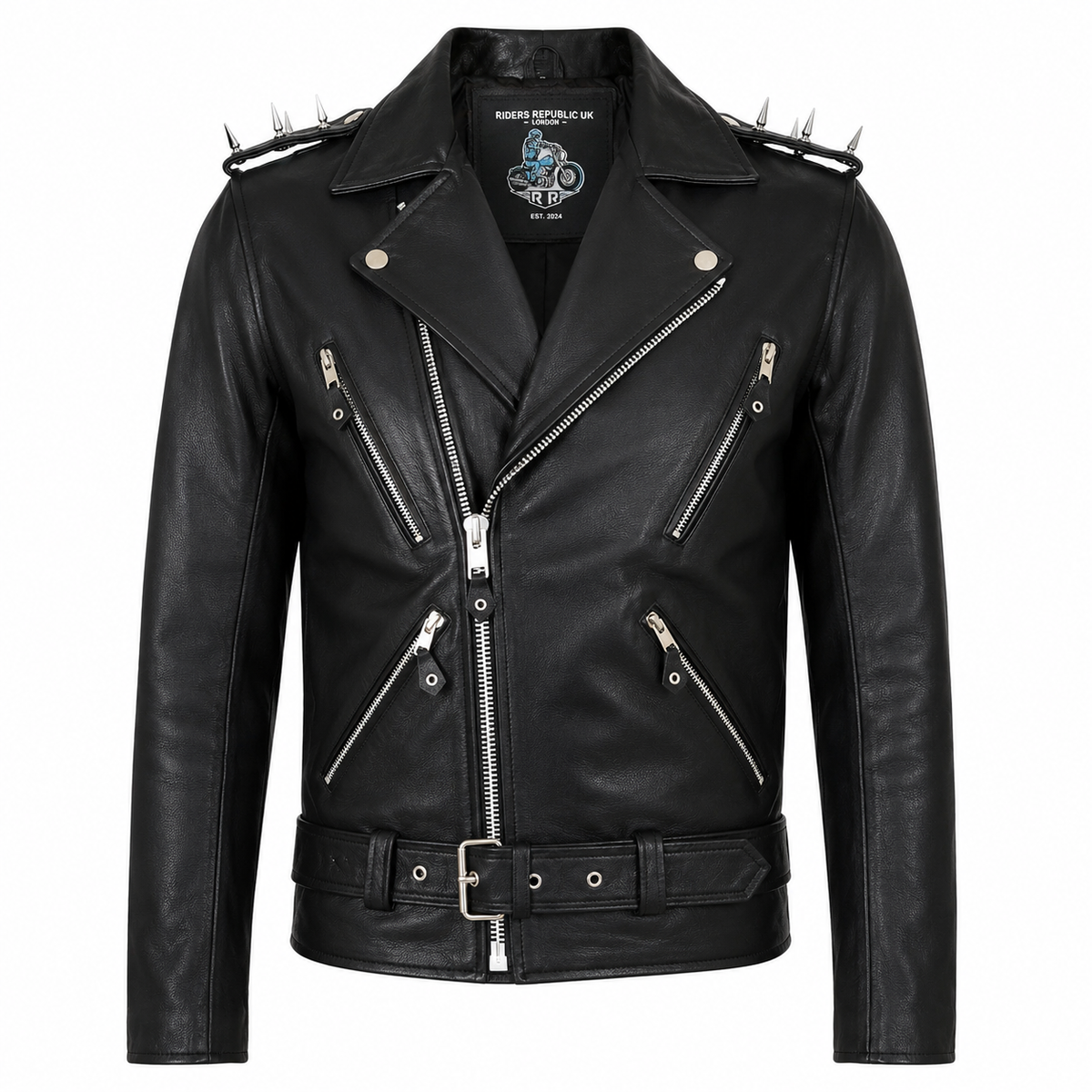 Men’s Spiked Shoulder Black Leather Biker Jacket-0