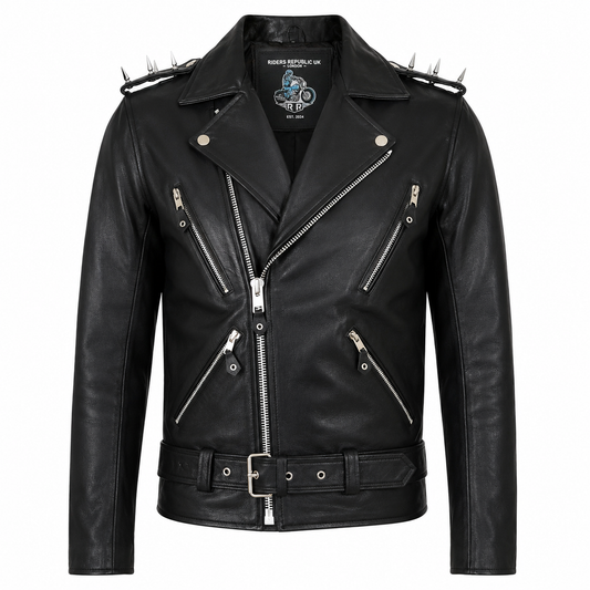 Men’s Spiked Shoulder Black Leather Biker Jacket-0