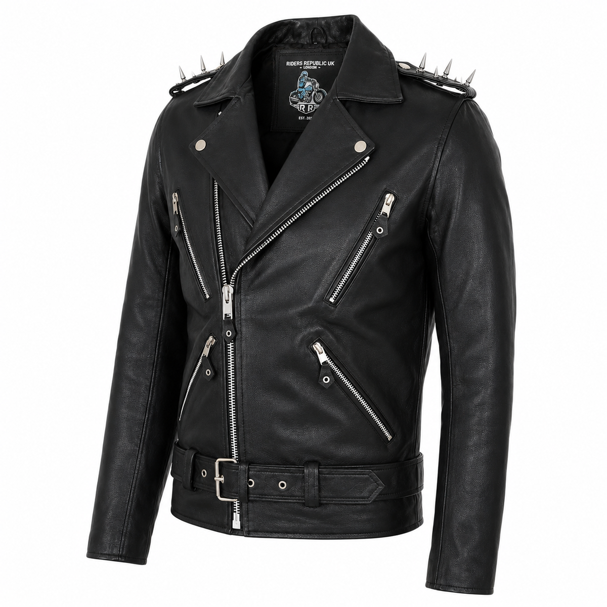 Men’s Spiked Shoulder Black Leather Biker Jacket-1