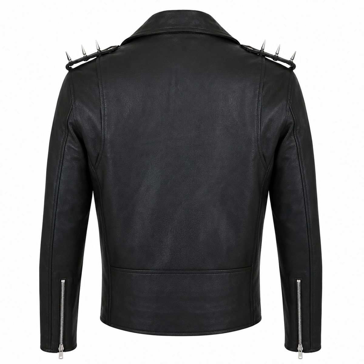 Men’s Spiked Shoulder Black Leather Biker Jacket-2