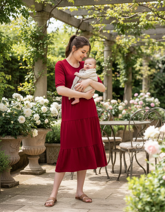 Burgundy Cotton Midi Breastfeeding Dress | Nursing Dress | MilkyMoon-1