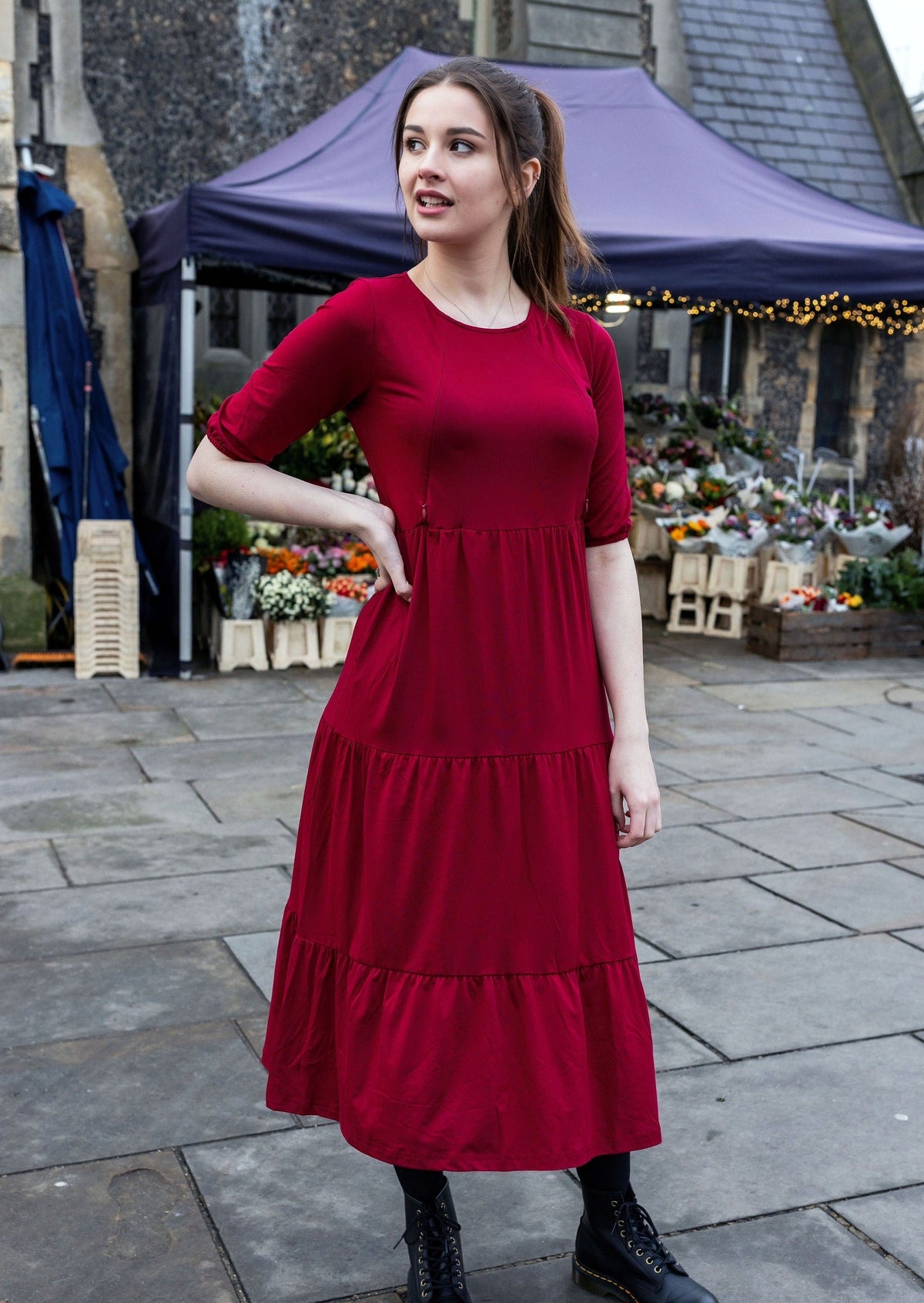 Burgundy Cotton Midi Breastfeeding Dress | Nursing Dress | MilkyMoon-0