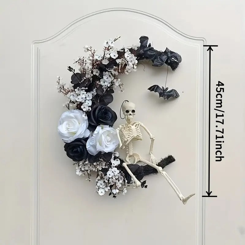Halloween Moon Black Wreath Skull Bones Bats Roses-3