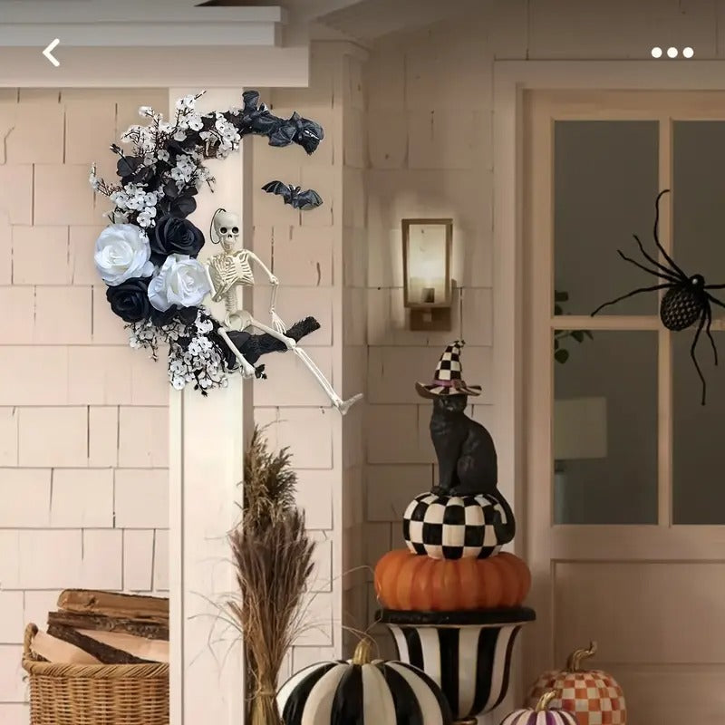 Halloween Moon Black Wreath Skull Bones Bats Roses-1