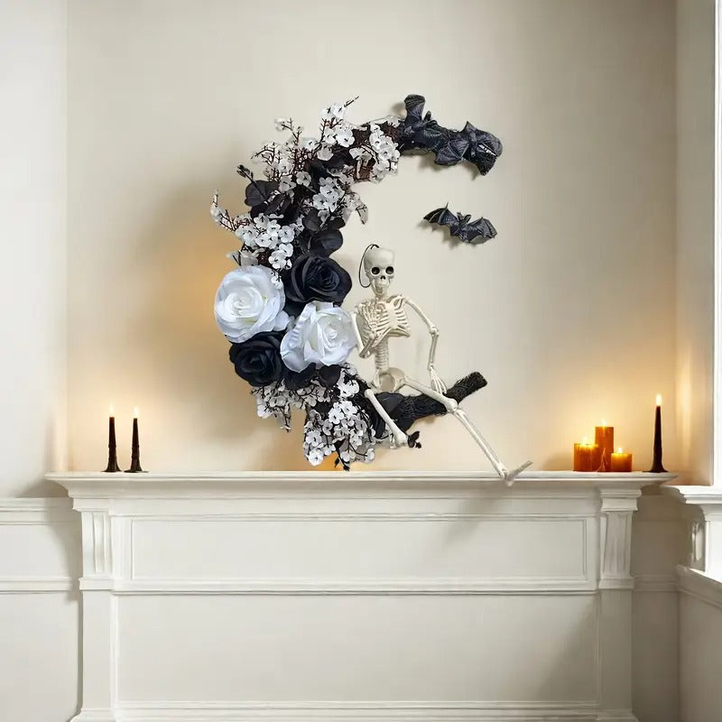 Halloween Moon Black Wreath Skull Bones Bats Roses-2